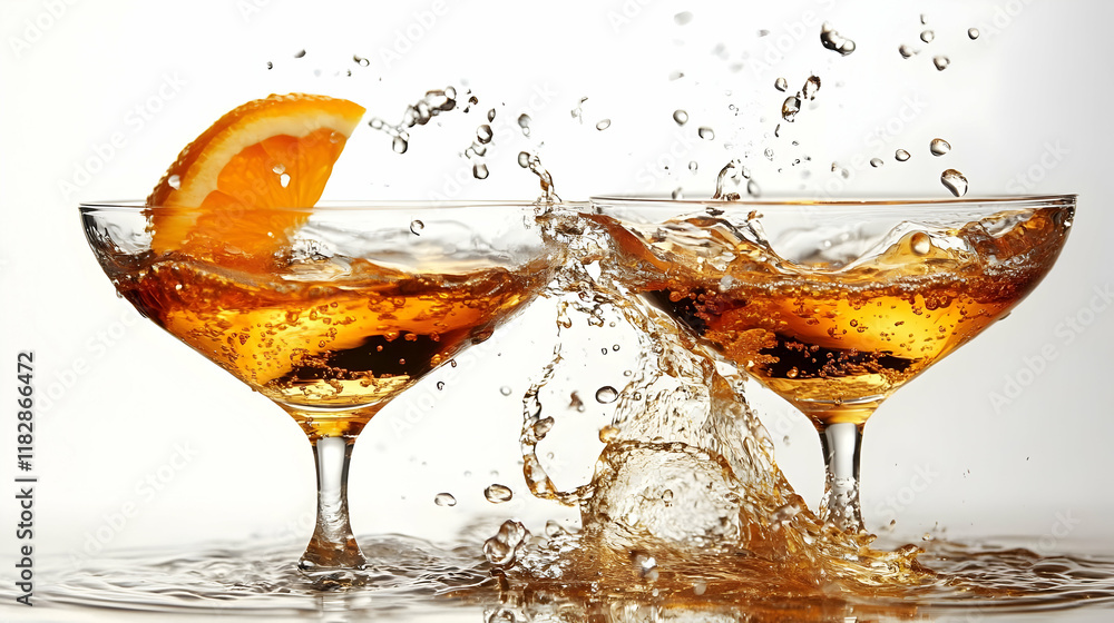 Poster Two Coupe Glasses Overflowing with Sparkling Orange Liquid Splashing Dynamically on a White Backdrop