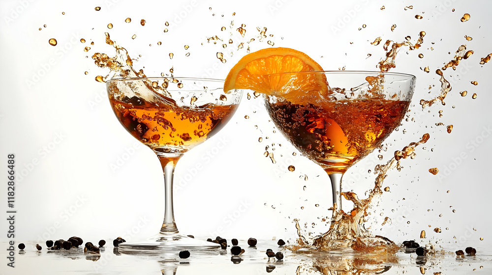 Poster two glasses with splashing beverage, orange slice, and scattered dark objects on a reflective surfac