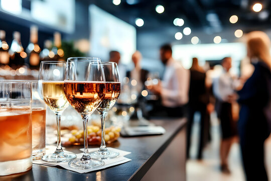 Glasses of Wine and Drinks Displayed on a Bar with Blurred Guests in Background