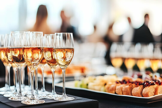 Wine Glasses Filled with Golden Liquid at a Social Gathering with Blurred Background Reflecting Lights and People.