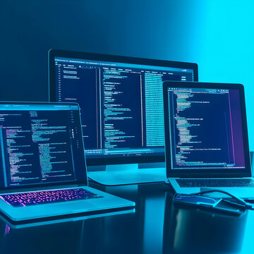 Multiple Computer Screens Display Code in a Dark Room, Illuminated by Blue Light for Software Development