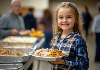 Students participate in national school breakfast week, smiling as they carry plates filled with delicious food at a community gathering. The event promotes nutrition and community spirit