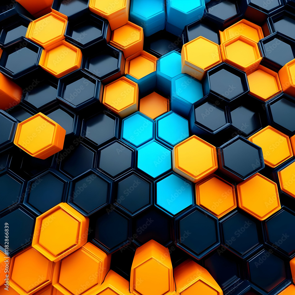 Aufkleber 3d hexagonal abstract background shows interlocking orange, blue, and dark shapes with futuristic de