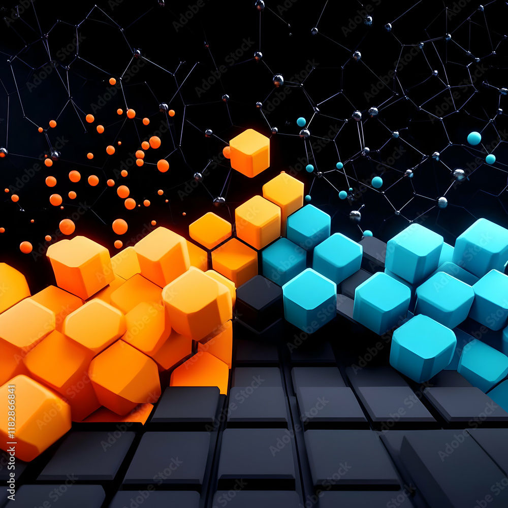 Poster 3d abstract background with orange and blue hexagonal cubes and network grid