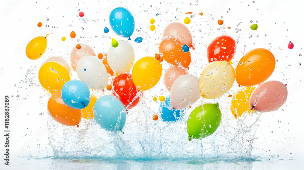 Poster colorful balloons splashing dynamically in water with vivid colors and energetic motion.