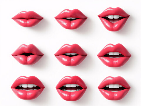 Sensual red lips in various expressions, showcasing glossy and vibrant makeup for a captivating look.