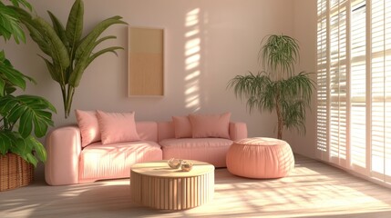 Serene Minimalist Living Room with Pink Sofa and Lush Greenery