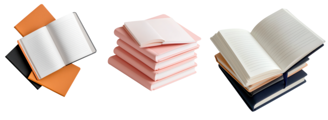 Three stacks of books in various colors, with open pages revealing blank interiors, showcasing different styles and arrangements.