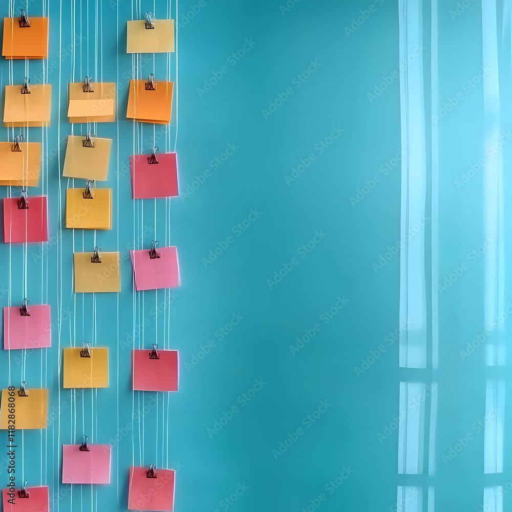 Poster colorful notes hanging on strings against a teal background with vertical light reflections