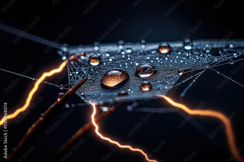 Poster concept of natural lightning phenomena of storms. a close-up of a spider web adorned with water drop