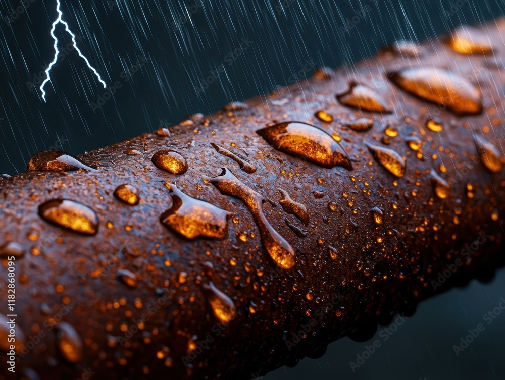 Aufkleber concept of natural lightning phenomena of storms. a close-up of a rusty pipe covered in droplets of 