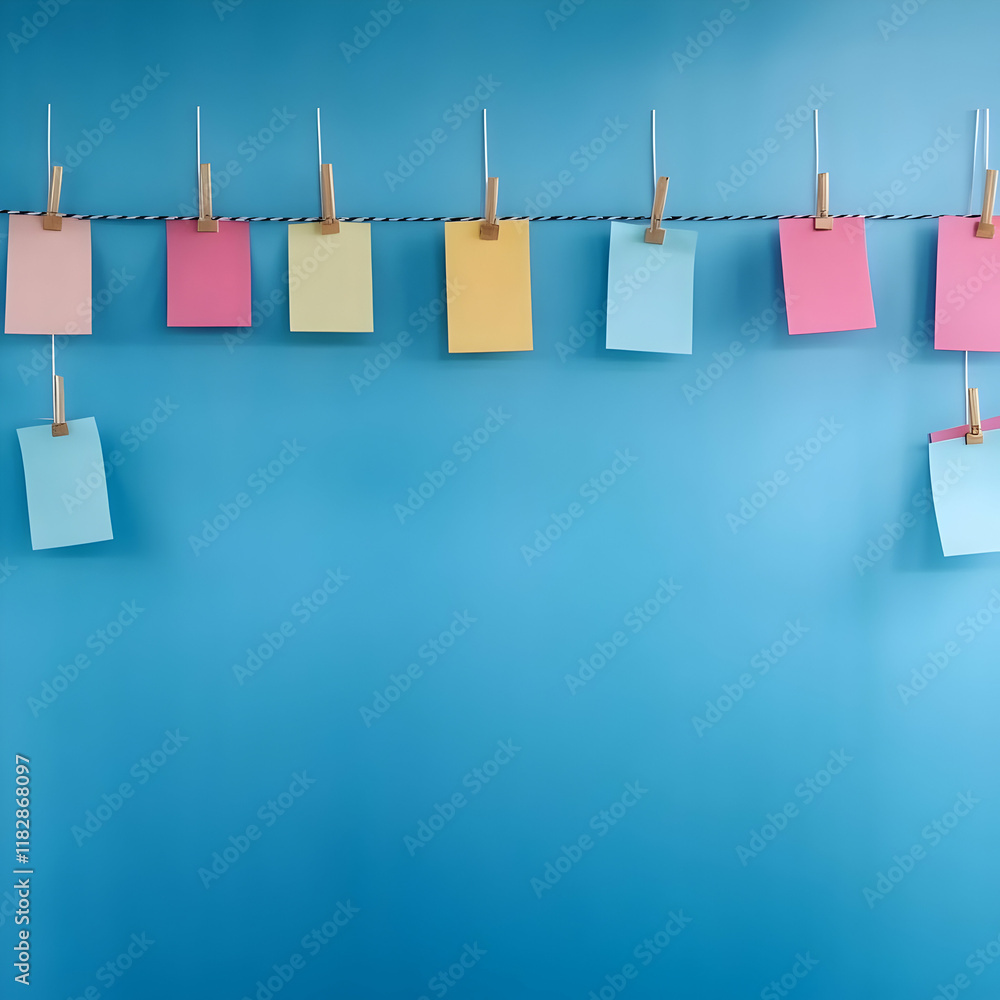 Poster colorful paper notes hanging on a string against a blue backdrop creates a vibrant and organized dis