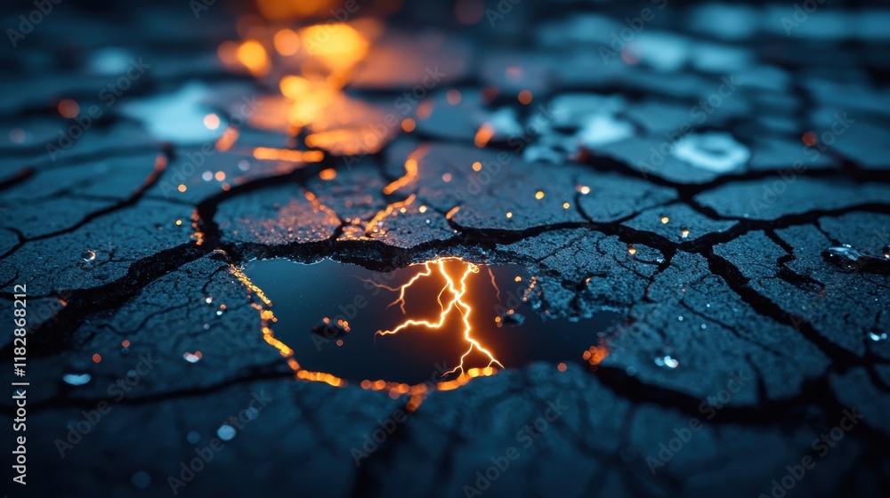Poster concept of natural lightning phenomena of storms. a dramatic view of cracked ground with a glowing p