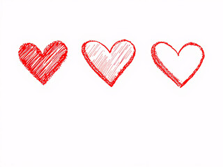 Fototapeta premium Three red hand-drawn hearts in a row on a white background.