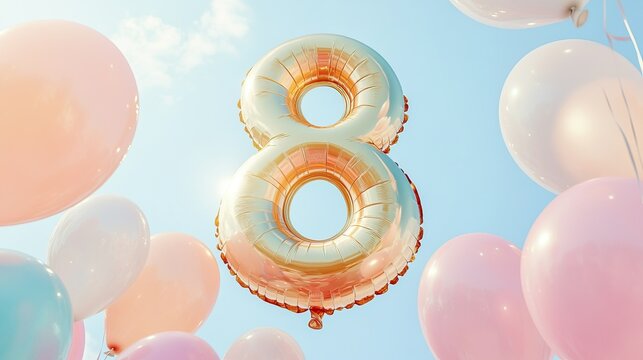 Golden number 8 balloon and pastel balloons in clear blue sky celebrate international women's day, march 8 theme