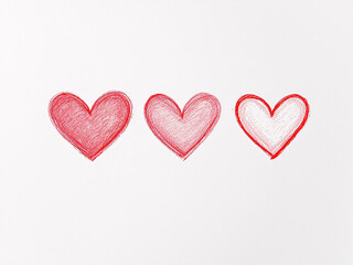 Three red hand-drawn hearts in a row on a white background.