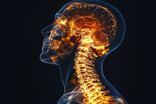 Glowing Head, Spine, Brain Anatomy, Dark Background, Medical Illustration - Powered by Adobe