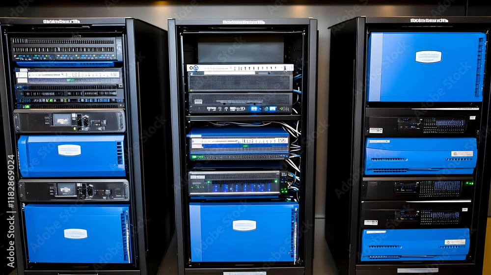 Aufkleber blue and black server racks stand in data center, ready for operation and efficiently organized.