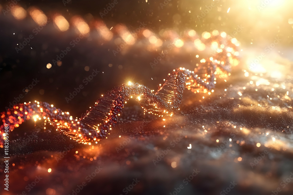 Poster glowing dna double helix structure with particles floating beautifully on a dark background