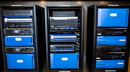 Blue and Black Server Racks Stand in Data Center, Ready for Operation and Efficiently Organized.
