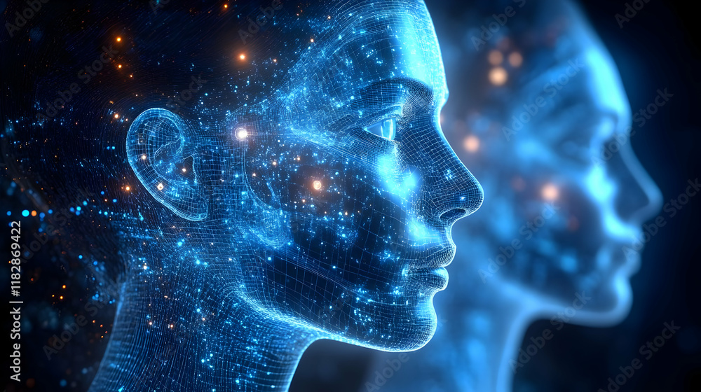 Poster 3d wireframe heads glow blue in a dark background representing artificial intelligence