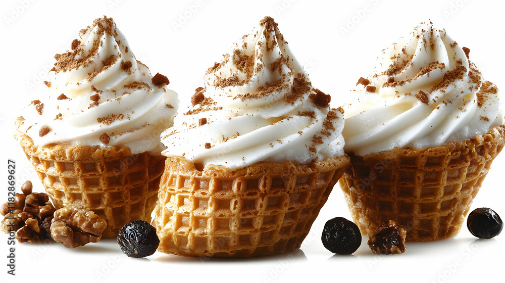 Poster three waffle cones filled with vanilla soft serve ice cream topped with cinnamon and nuts