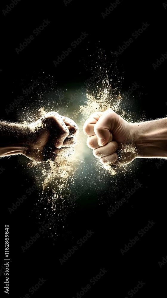 Aufkleber two fists collide with force, creating an explosion of dust and dramatic impact on dark background