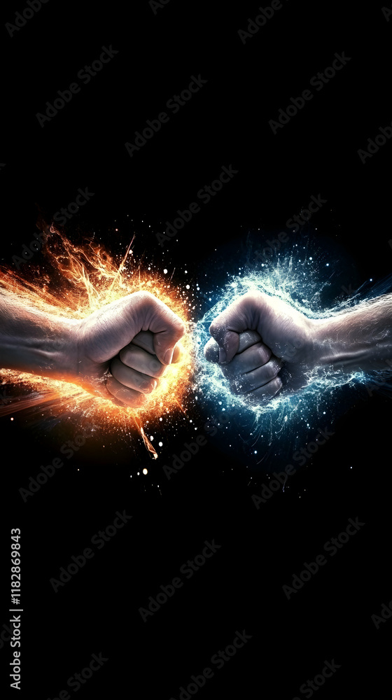 Poster two fists collide with fire and water effects dynamically on dark background