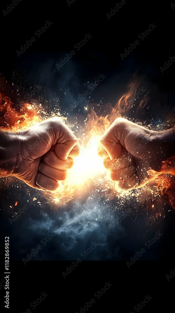 Aufkleber two fists collide creating a fiery explosion with sparks and dramatic lighting