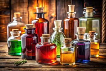 A collection of antique medicine bottles with blank labels, creating a nostalgic old pharmacy scene.