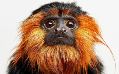 Obraz premium A close-up of a tamarin monkey with its unique facial fur against a white backdrop