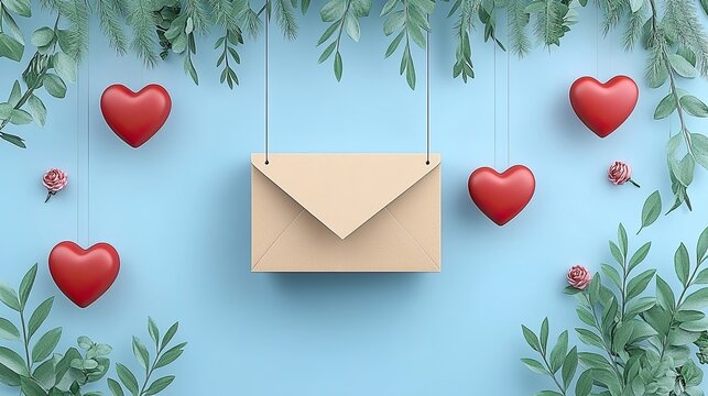 Creative love letter display with hearts and greenery on blue background for romantic occasions