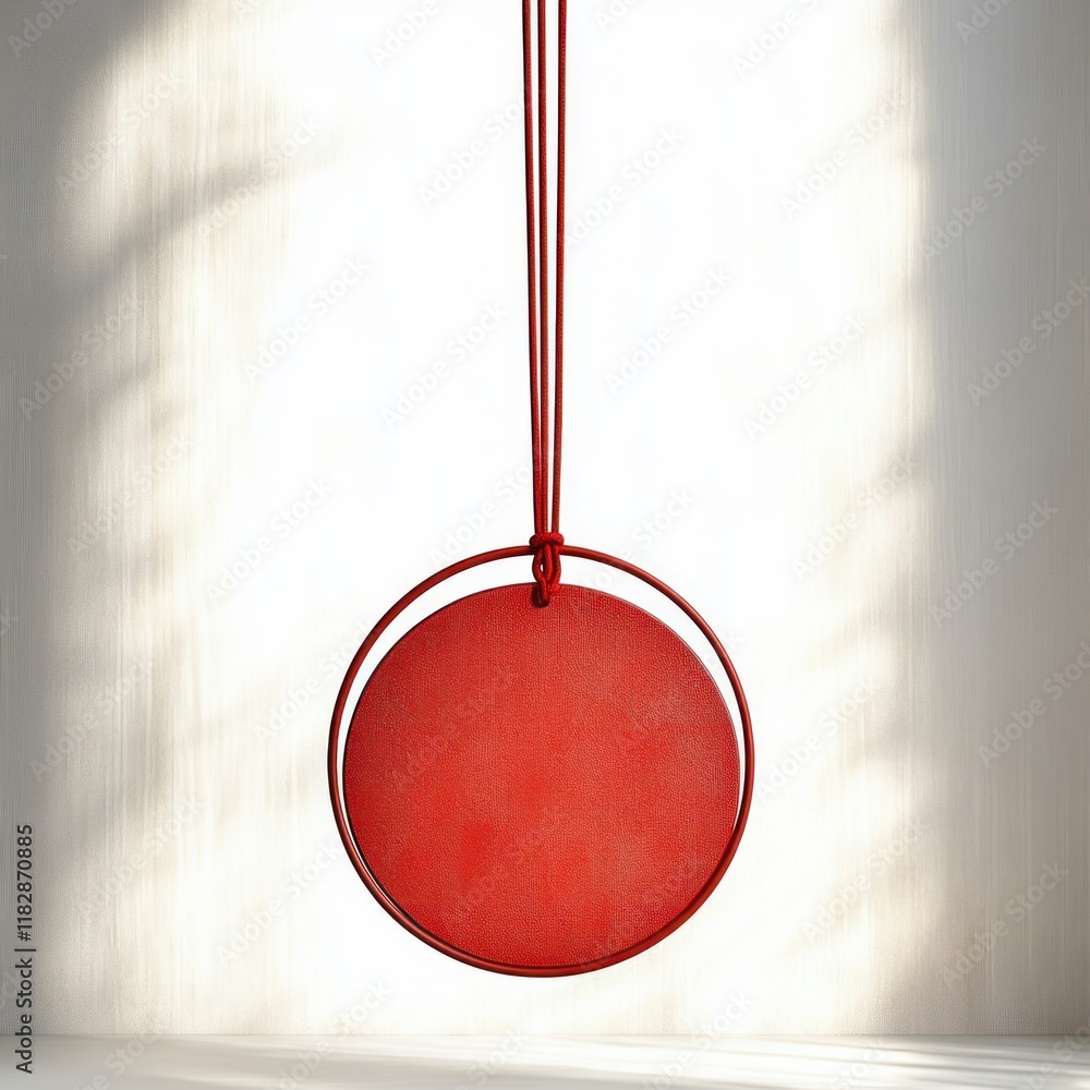 Poster red circular ornament hanging from string with soft lighting on white background minimalist design