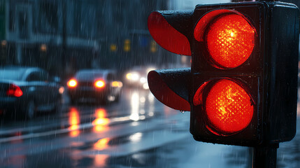 A close-up of a red traffic light in a rainy urban setting, signaling vehicles to stop. Stonelight. Illustration