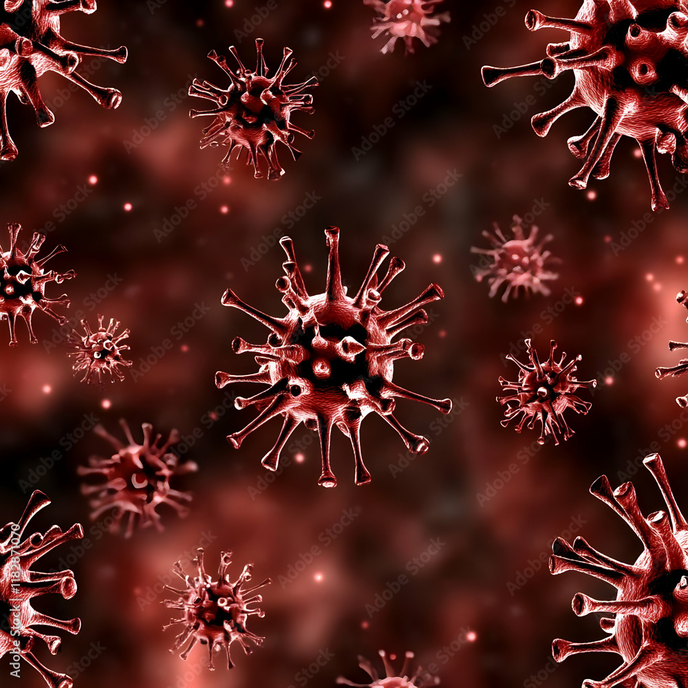 Aufkleber microscopic view of virus cells floating in a dark red environment