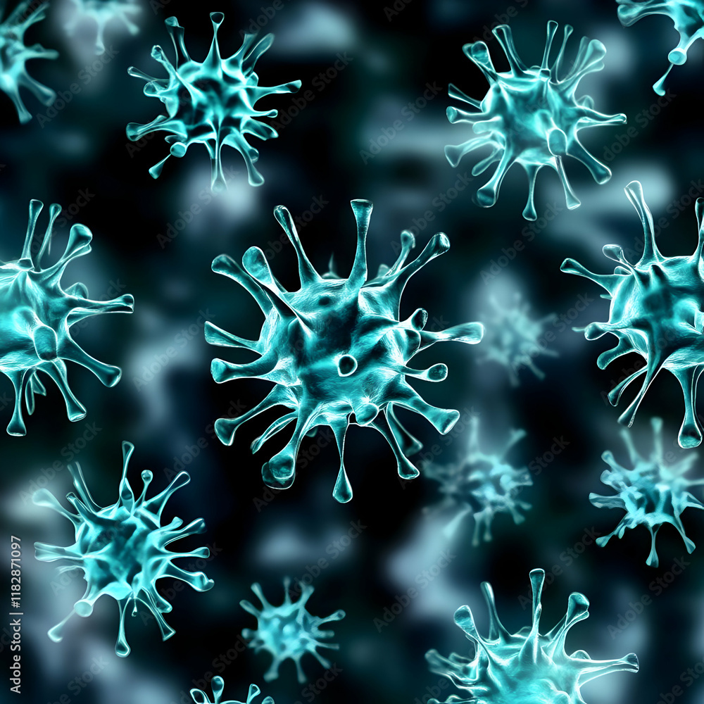 Aufkleber 3d illustration of cyan virus cells floating in a dark background with soft focus effect