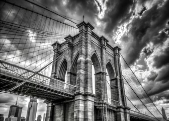 Obraz premium Black and white images immortalize the Brooklyn Bridge, a New York City icon.
