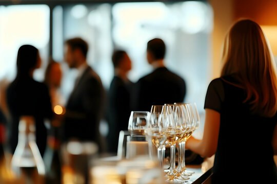 Wine Glasses Stand Ready at a Corporate Event with Blurred Guests Networking in Background