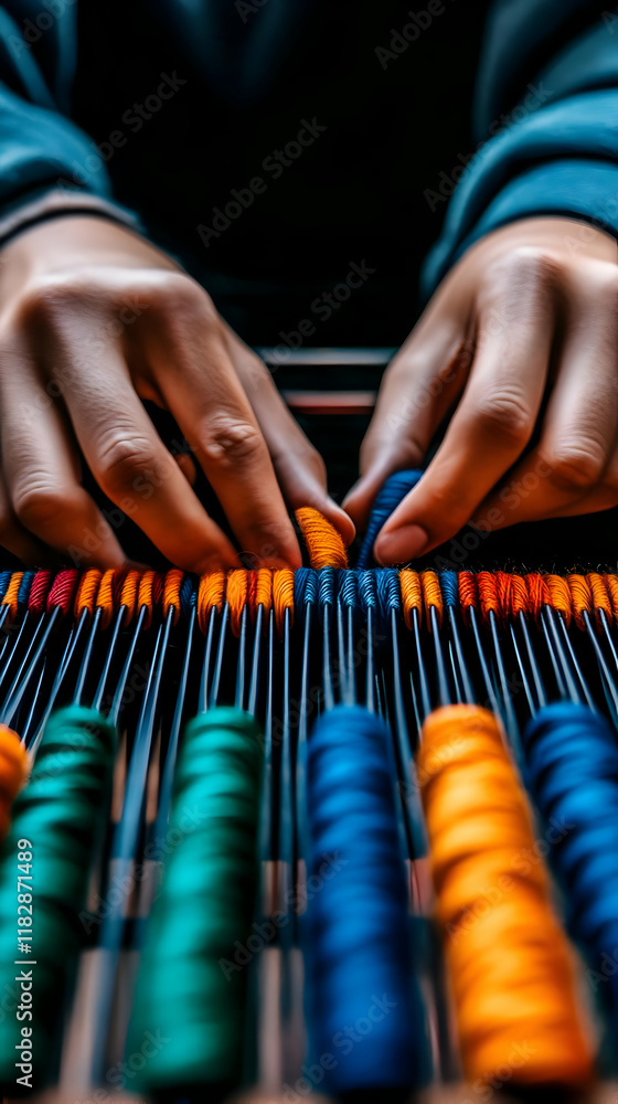 Poster hands weaving colorful threads on a traditional loom creates a vibrant textile with precision and sk