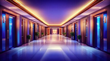 Empty Modern Hotel Corridor with Glowing Lights Creates a Futuristic Ambiance.