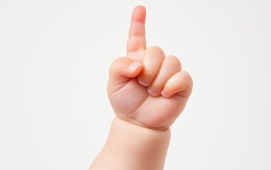A childs hand with chubby fingers pointing upward, isolated on a clean white background