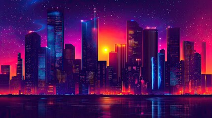 Vibrant skyline at sunset with colorful lights reflecting on water