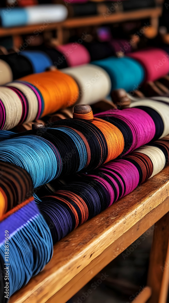 Poster colorful threads wound on spools displayed on a wooden table in a workshop