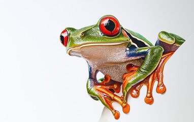 Fototapeta premium A detailed portrait of a red-eyed tree frog clinging to a white background
