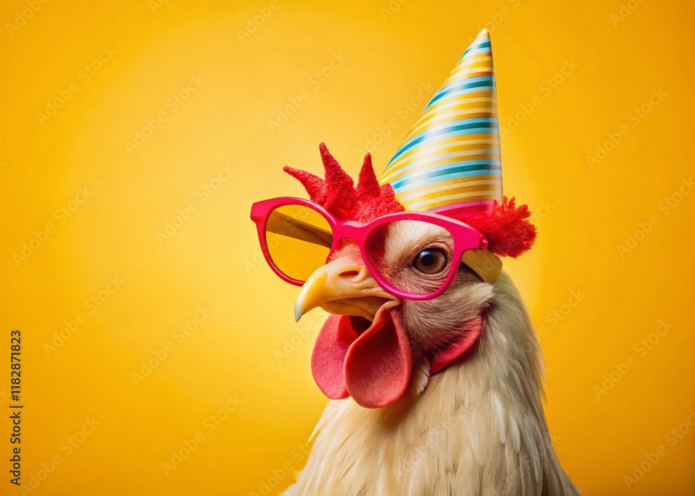 Wall mural Festive Chicken Birthday Card:  Party Hat & Glasses, Yellow Background