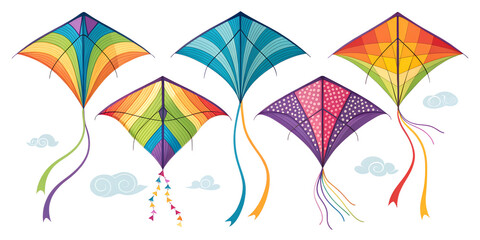 Colorful kites on a transparent background &ndash; entertainment and National Kite Flying Day concept.