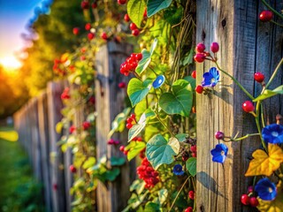 Naklejka premium Documentary photography captures vibrant summer morning glories and autumn's rich berries against a weathered fence.
