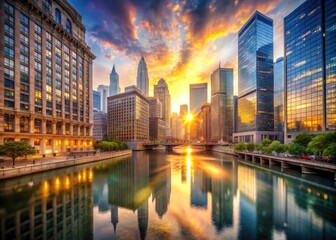 Double exposure captures Chicago's downtown: river, cityscape, architectural marvels, and the iconic Magnificent Mile.