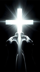 Two Hands Reach Up to a Glowing Cross with Bright Rays in a Dark Background Illustration