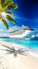 Fototapeta premium Luxury Cruise Ship Sailing Near Tropical Beach with Palm Trees Under Blue Sky